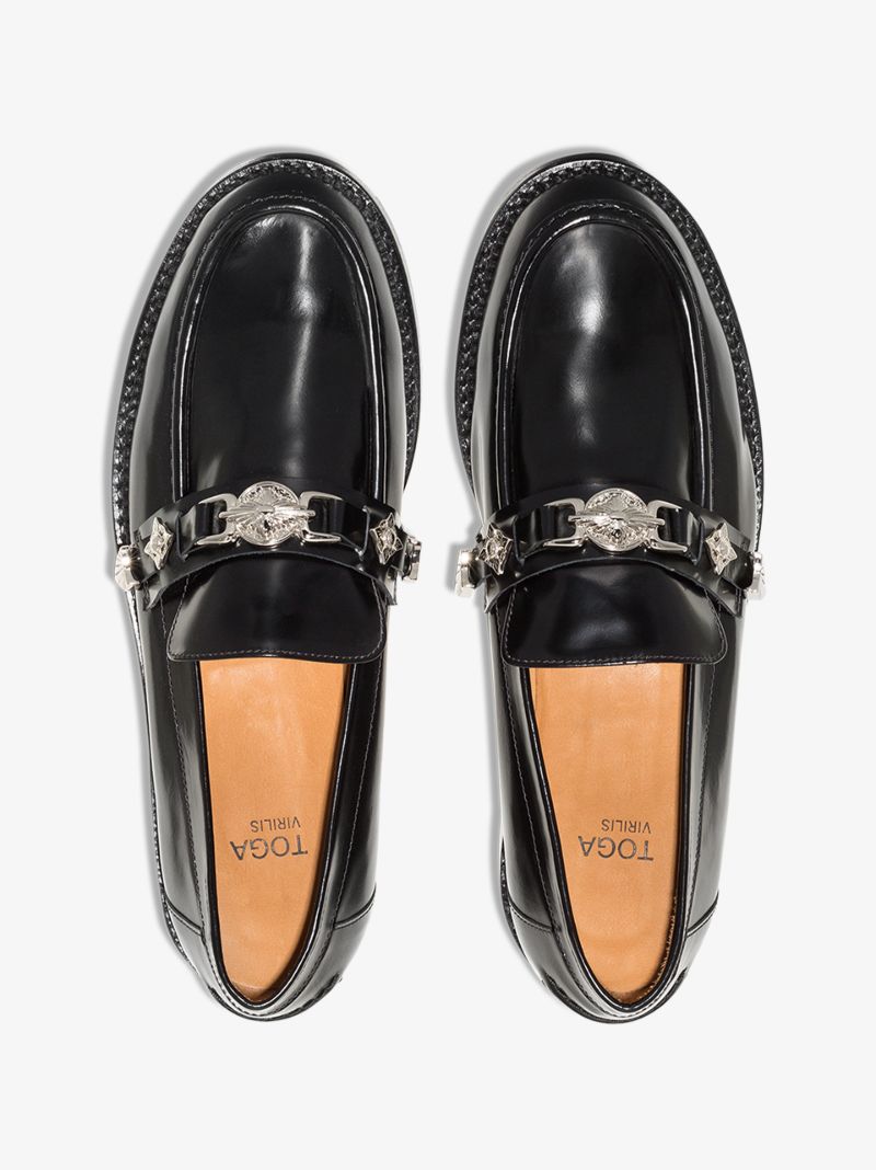 Black Embellished Strap Leather Loafers