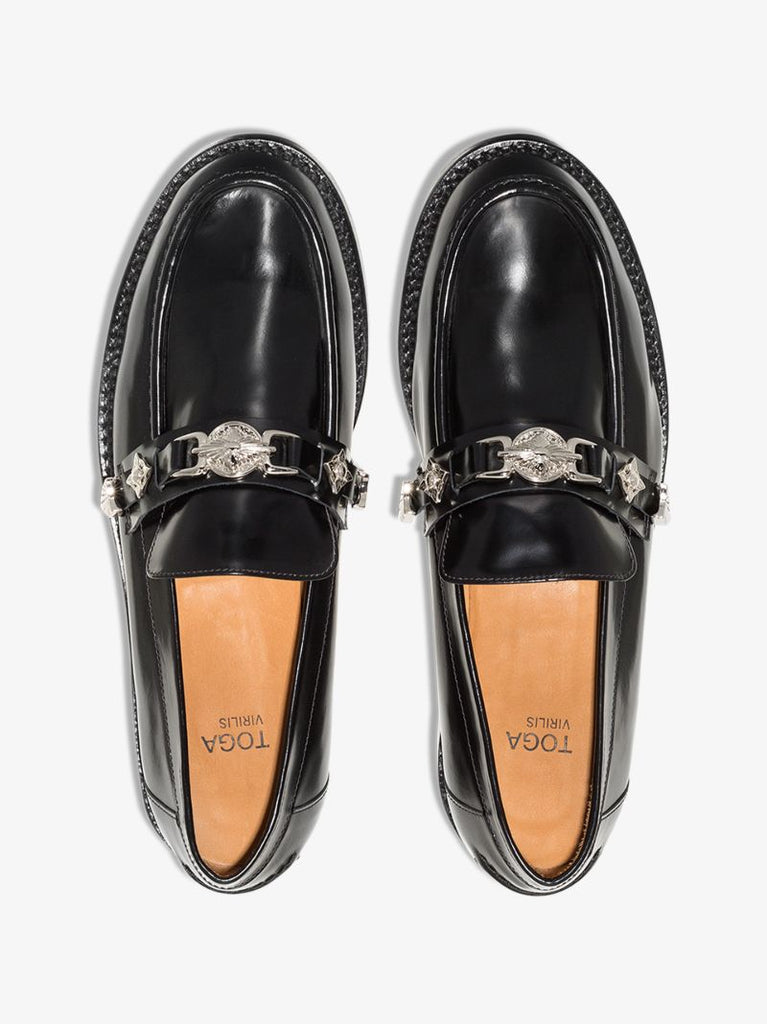 Black Embellished Strap Leather Loafers