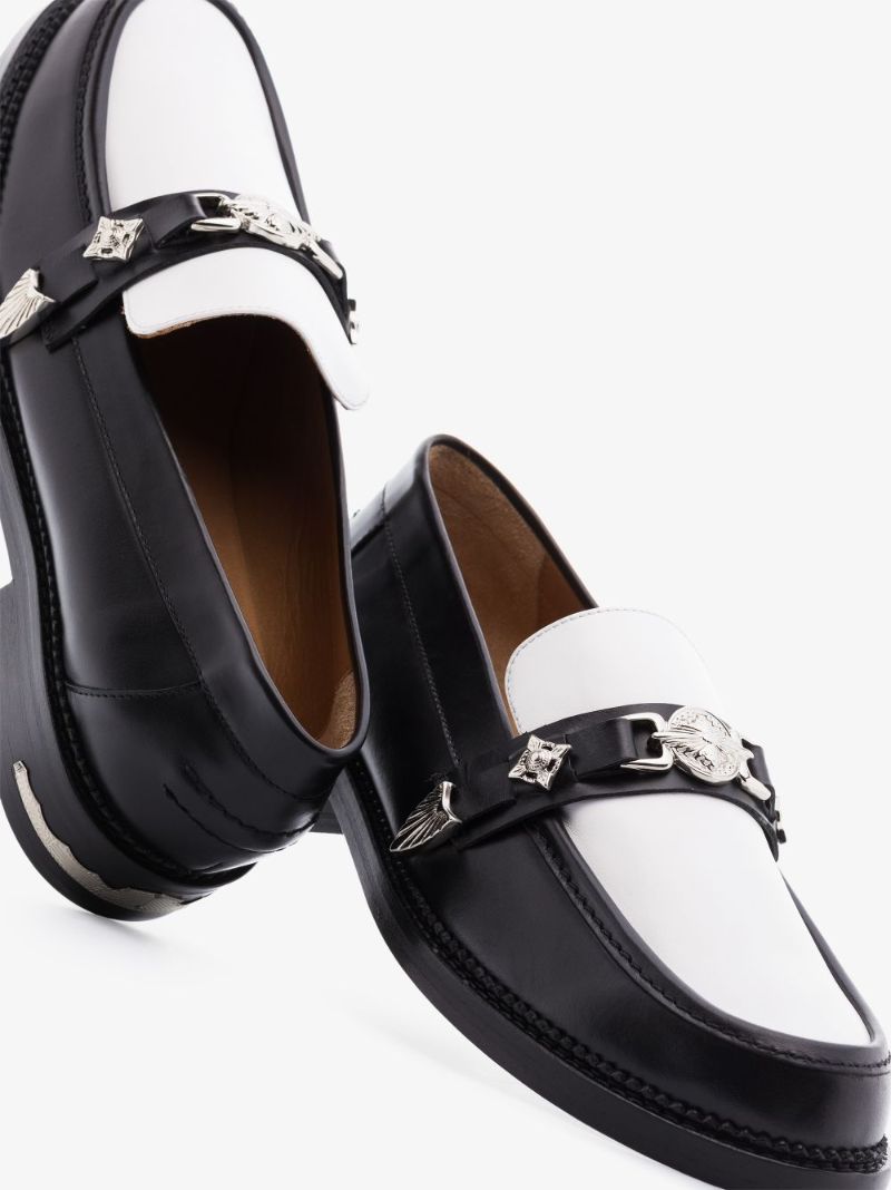 Black and White Embellished Leather Loafers
