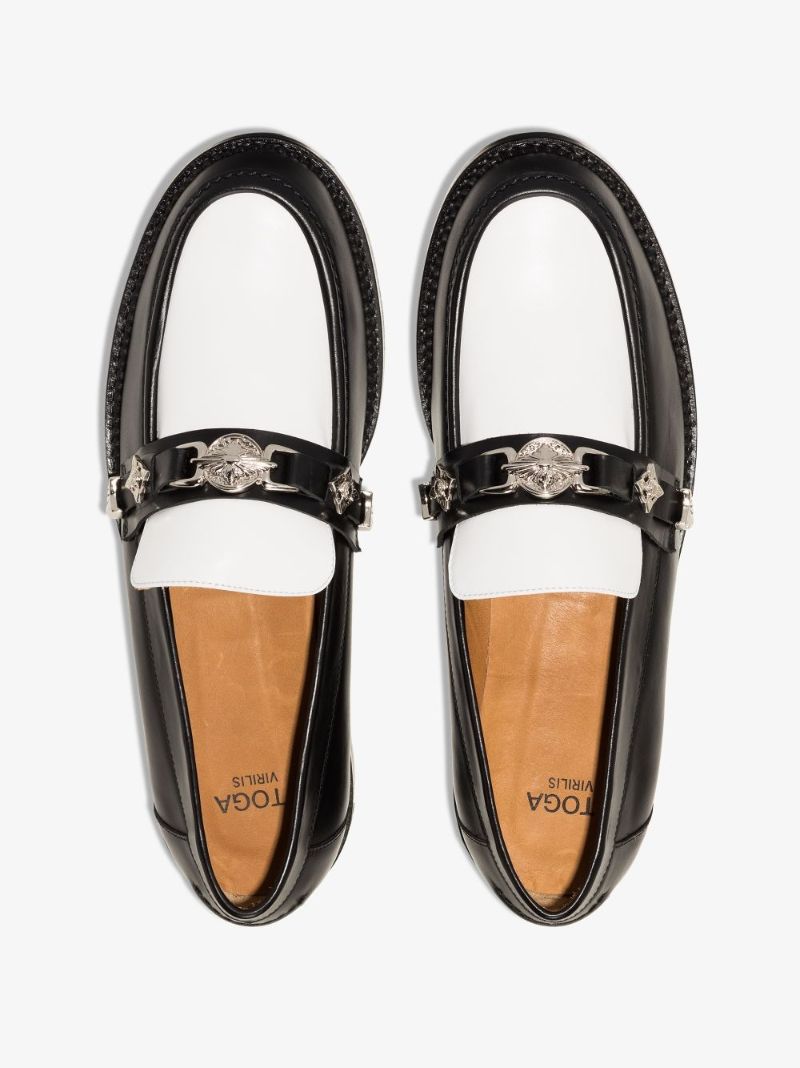Black and White Embellished Leather Loafers