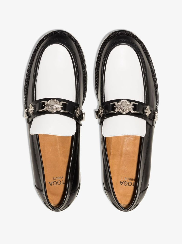 Black and White Embellished Leather Loafers