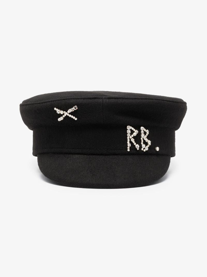 Black Embellished Wool Baker Boy Hat