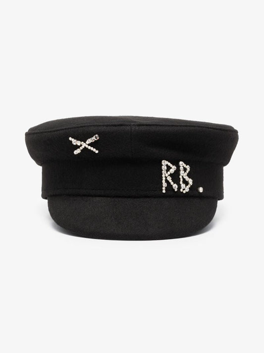 Black Embellished Wool Baker Boy Hat
