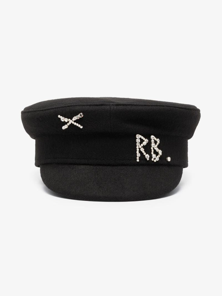 Black Embellished Wool Baker Boy Hat
