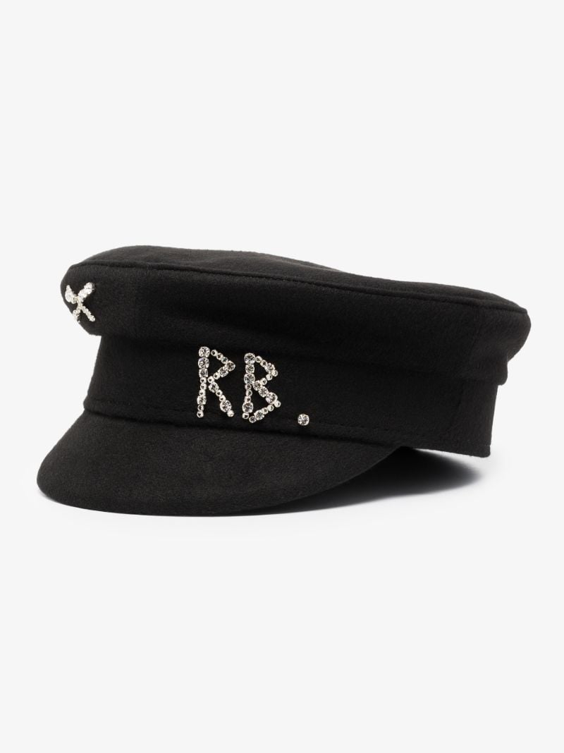 Black Embellished Wool Baker Boy Hat