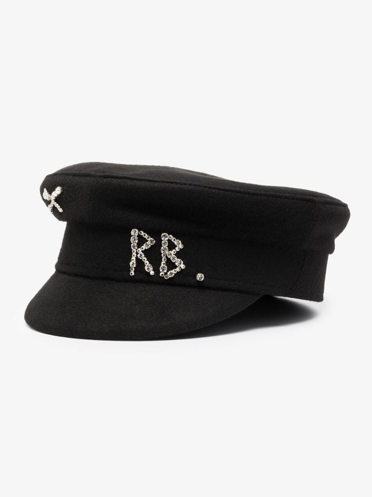 Black Embellished Wool Baker Boy Hat