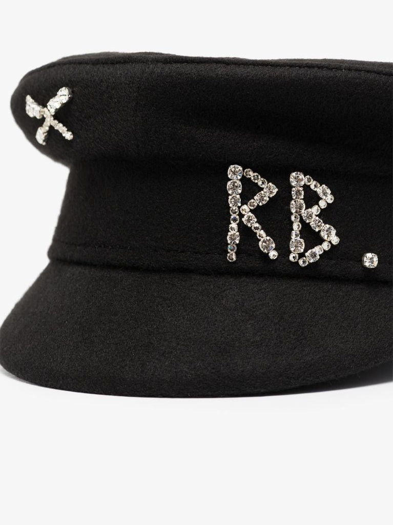 Black Embellished Wool Baker Boy Hat