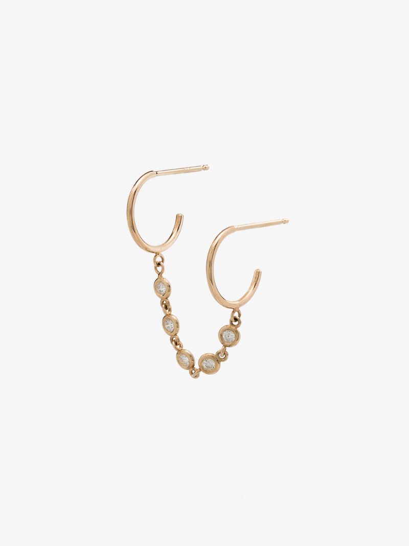 14k Yellow Gold Diamond Chain Double Hoop Earring
