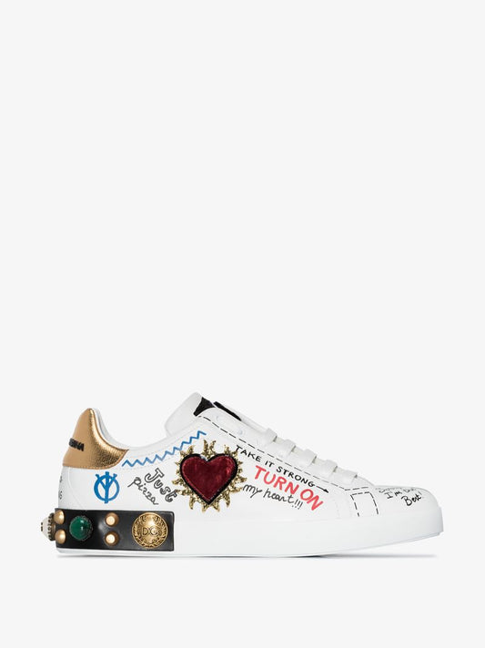 White Portofino Embellished Leather Sneakers