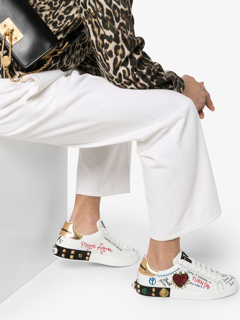 White Portofino Embellished Leather Sneakers