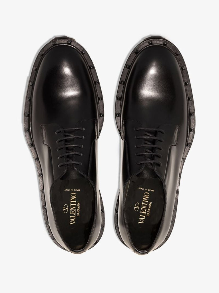 Black Rockstud Leather Derby Shoes