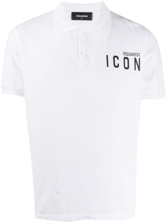 White Icon Print Cotton Polo Shirt