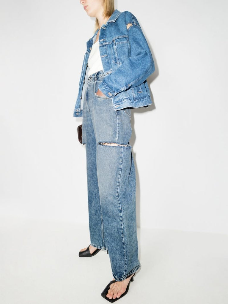 Blue Distressed Straight-leg Jeans