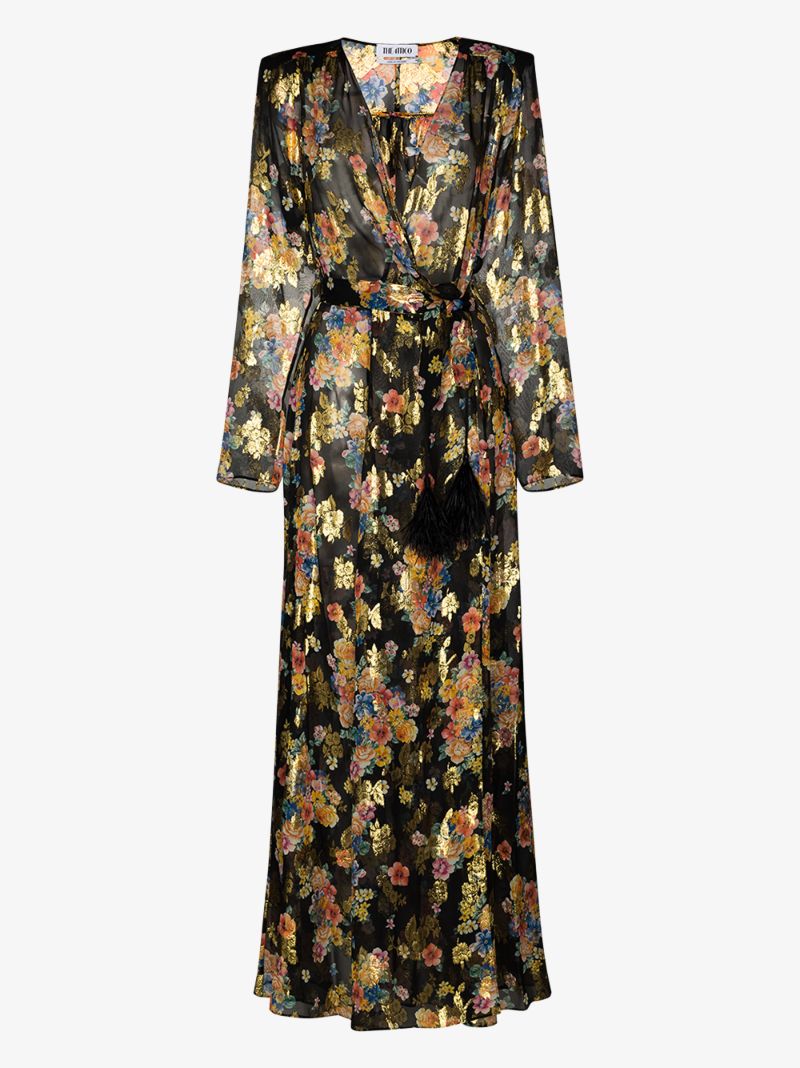 Floral Print Silk Wrap Maxi Dress