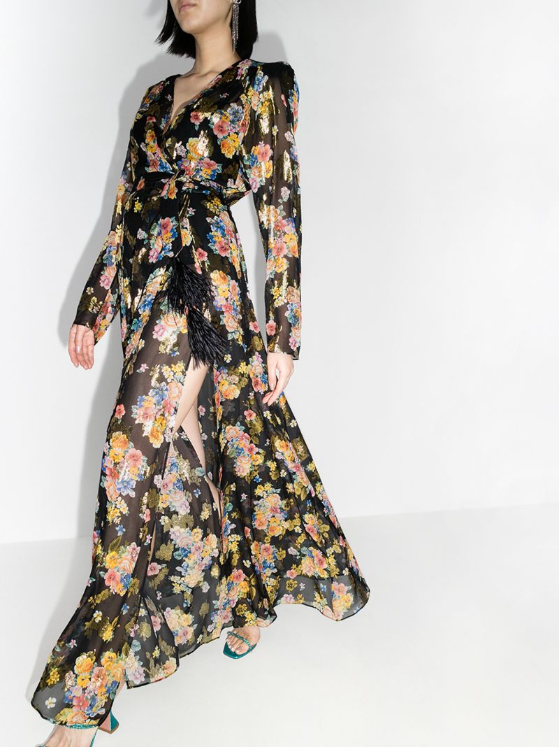 Floral Print Silk Wrap Maxi Dress
