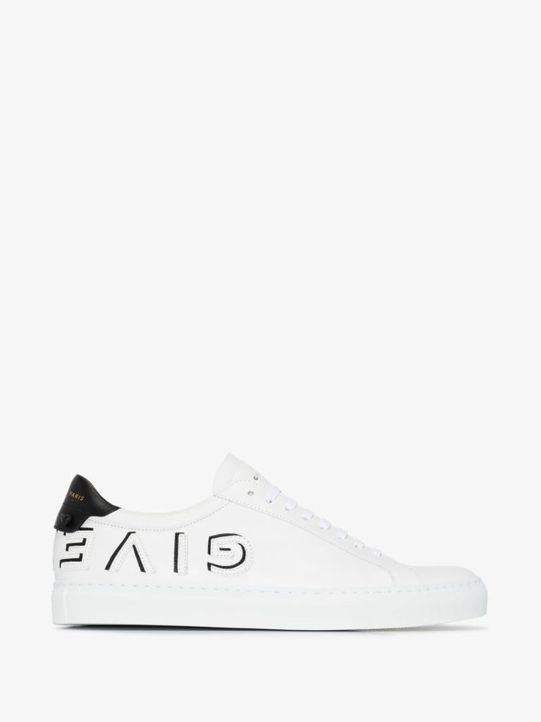 White Urban Street Reverse Logo Leather Sneakers