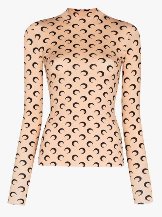 Neutral Crescent Moon Print Turtleneck Top