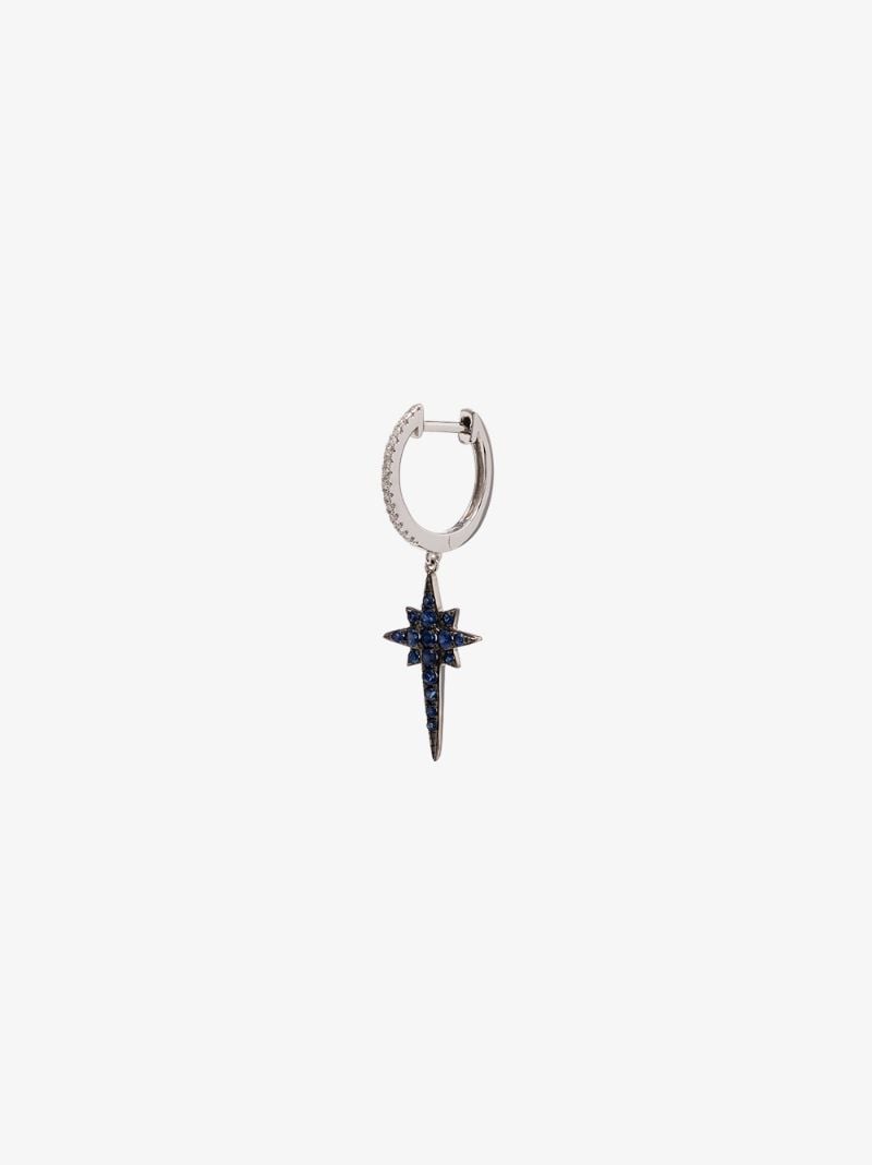 14k White Gold Sapphire Star Drop Diamond Hoop Earring