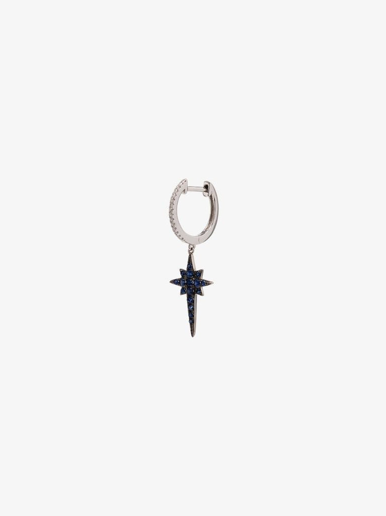 14k White Gold Sapphire Star Drop Diamond Hoop Earring