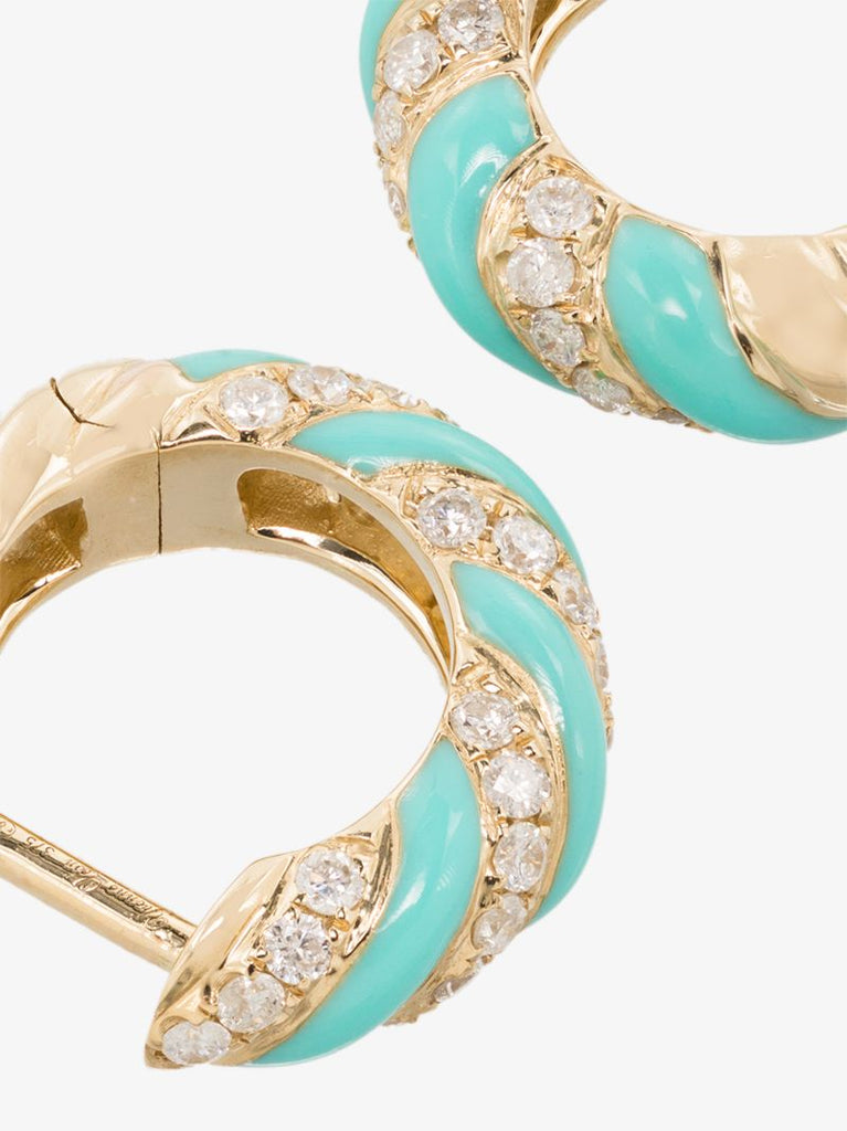 9k Yellow Gold Striped Enamel Diamond Hoop Earrings