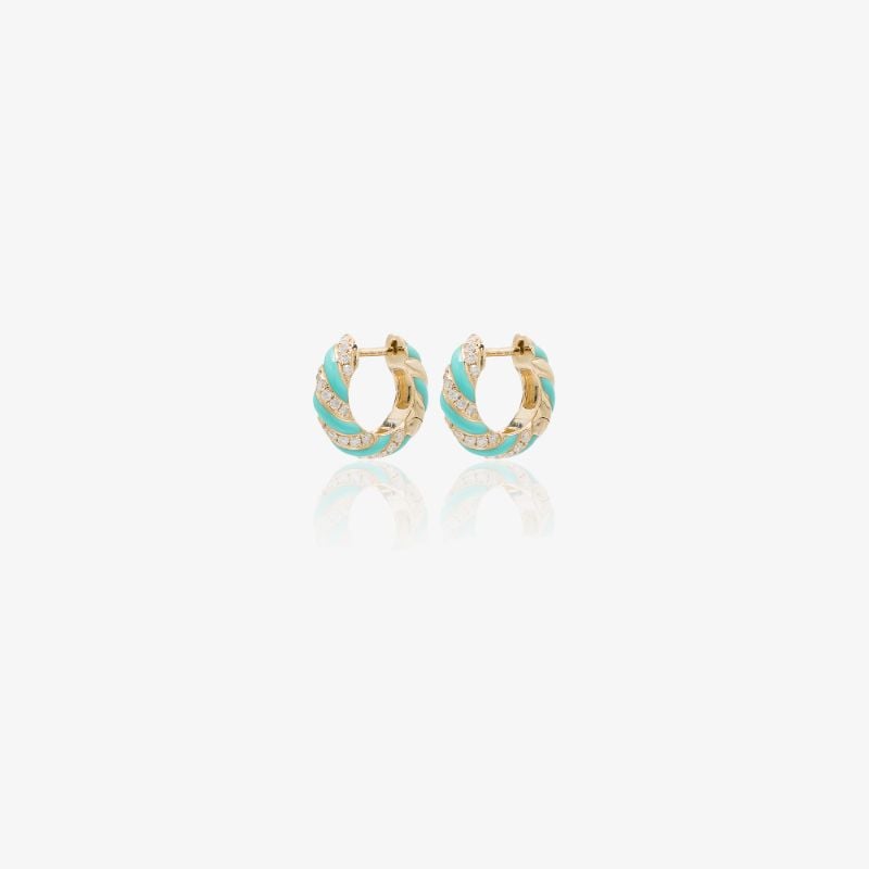 9k Yellow Gold Striped Enamel Diamond Hoop Earrings