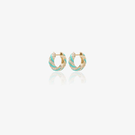 9k Yellow Gold Striped Enamel Diamond Hoop Earrings
