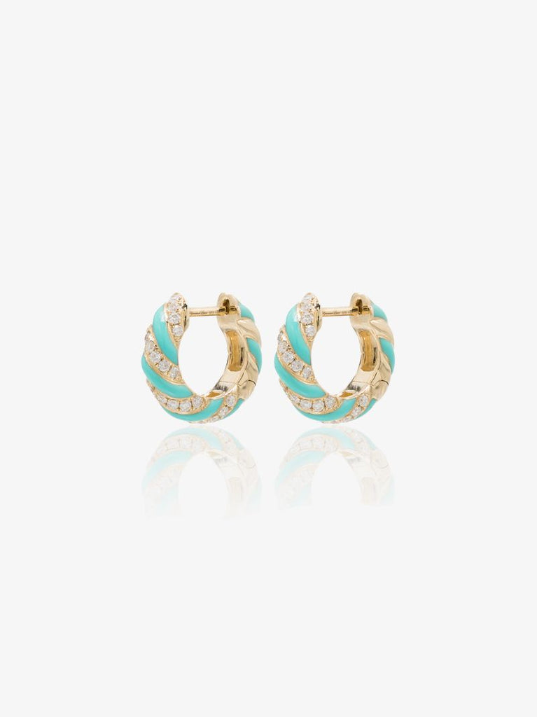 9k Yellow Gold Striped Enamel Diamond Hoop Earrings