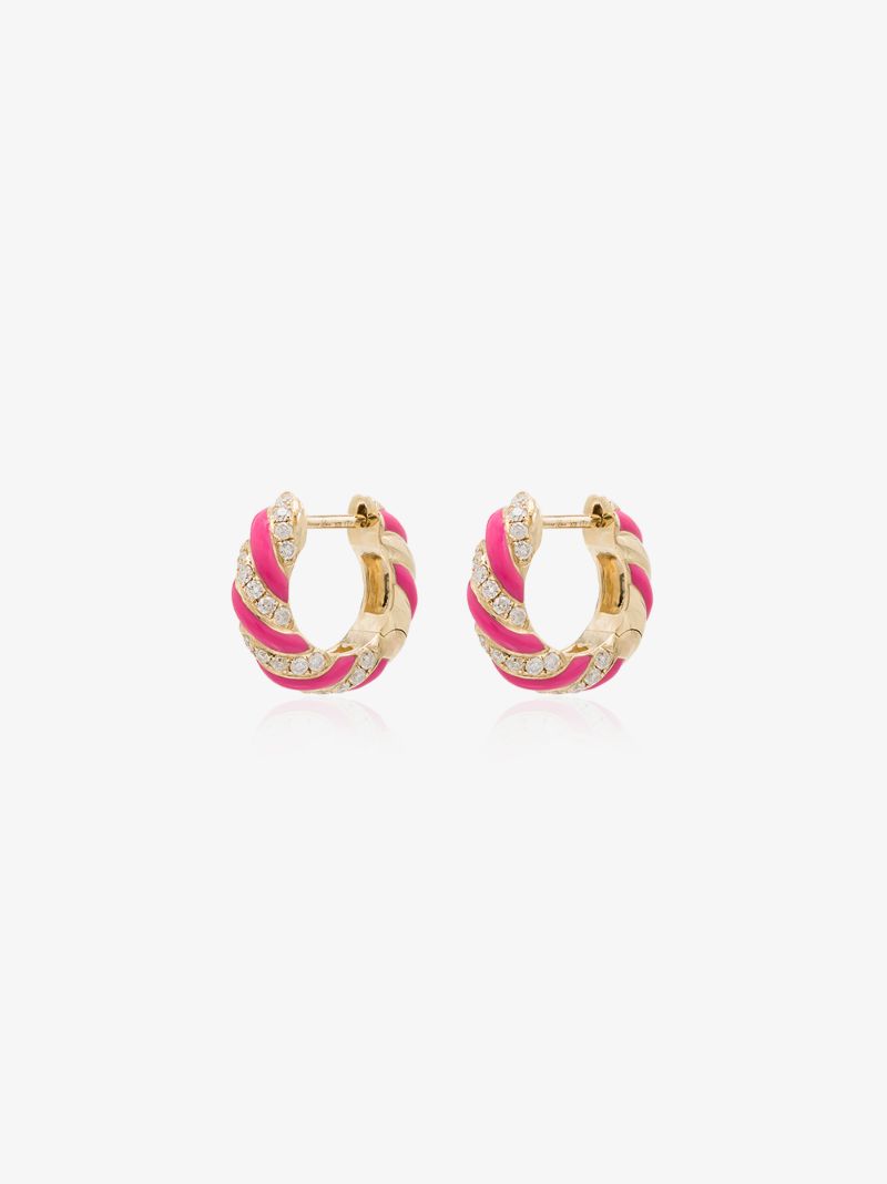 9k Yellow Gold Striped Enamel Diamond Earrings
