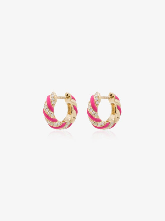 9k Yellow Gold Striped Enamel Diamond Earrings