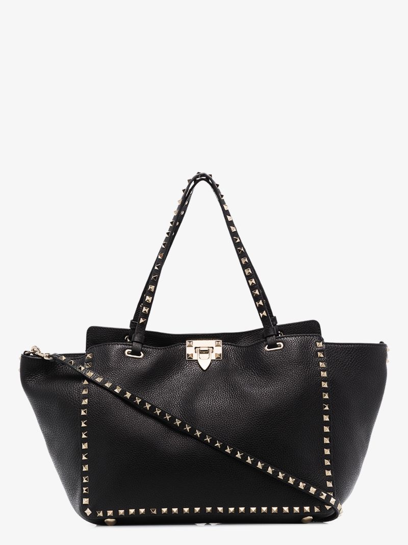 Black Rockstud Medium Leather Tote Bag