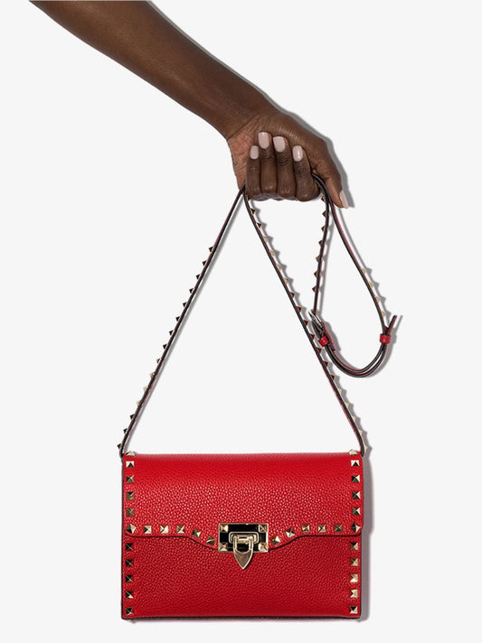 Red Rockstud Leather Cross Body Bag