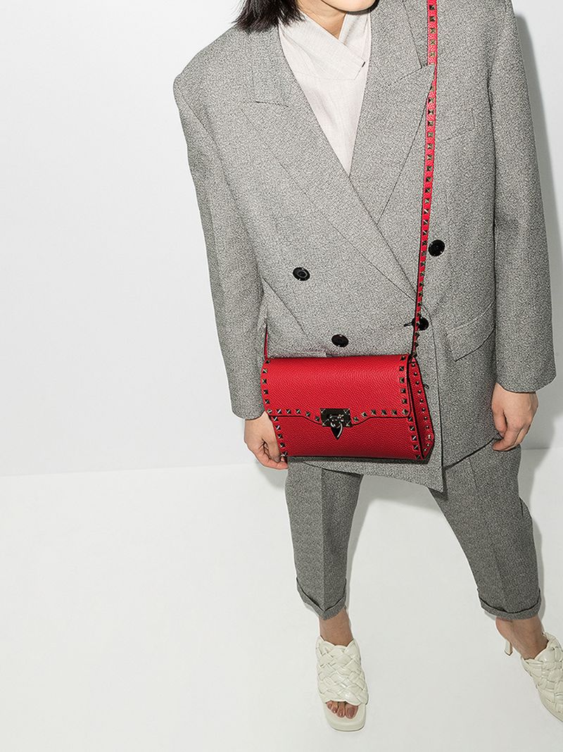 Red Rockstud Leather Cross Body Bag