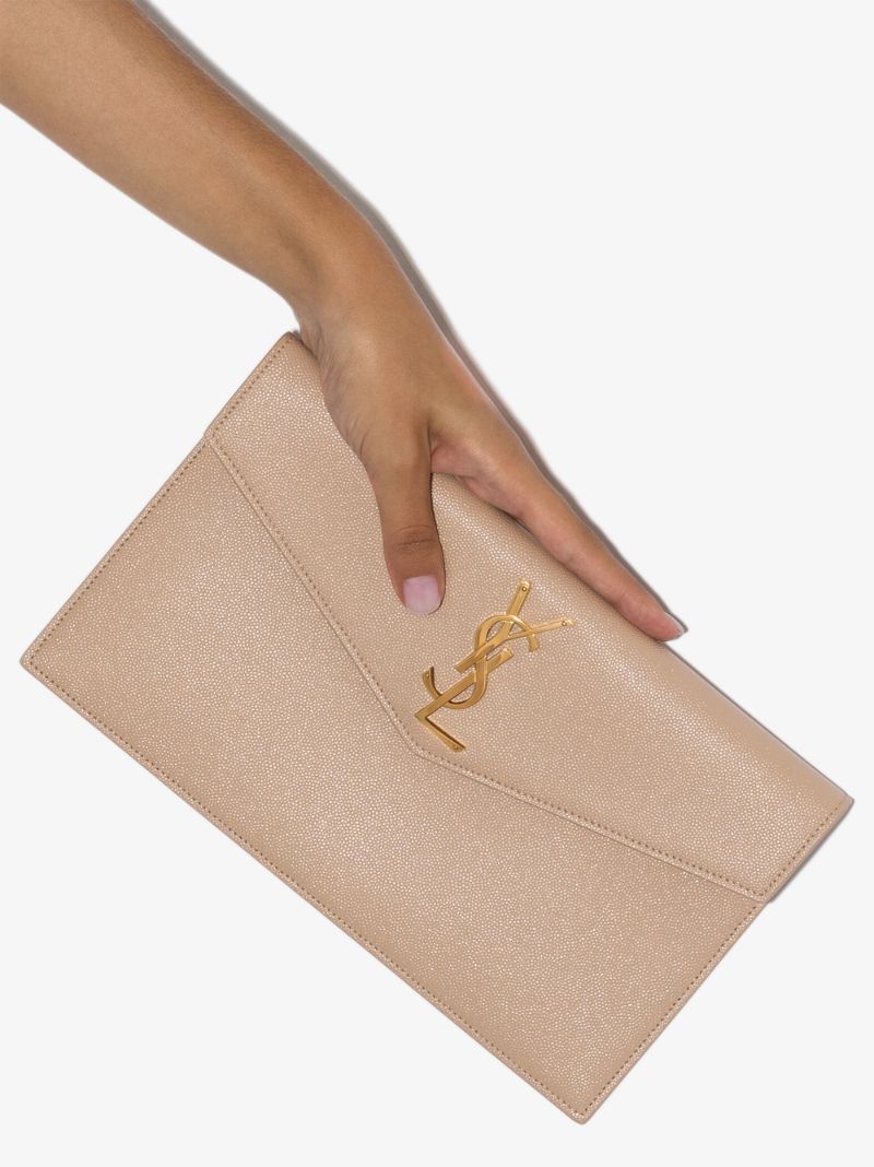 Beige Uptown Leather Envelope Clutch Bag