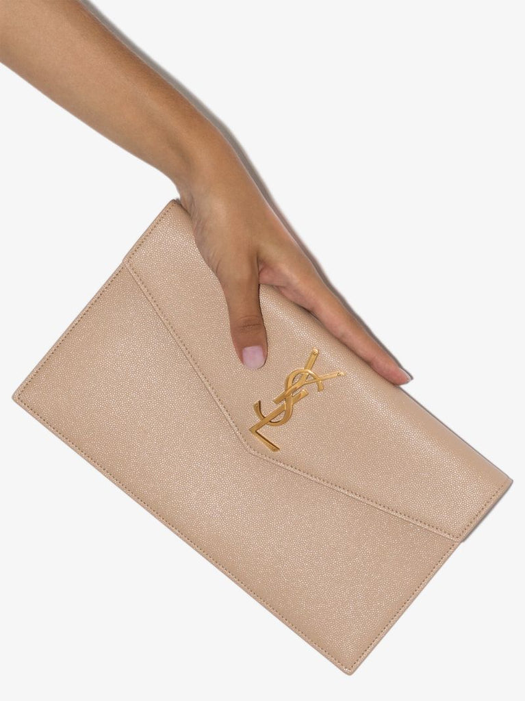 Beige Uptown Leather Envelope Clutch Bag