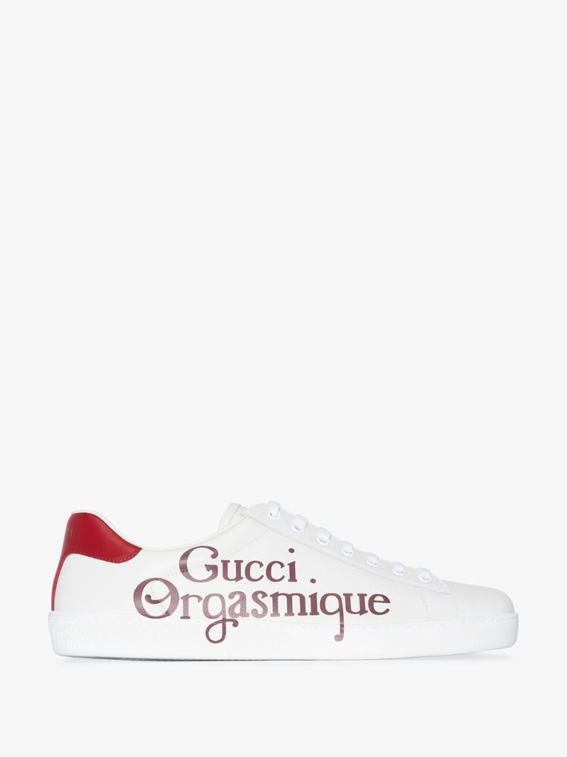 White and Red Ace Orgasmique Print Leather Sneakers