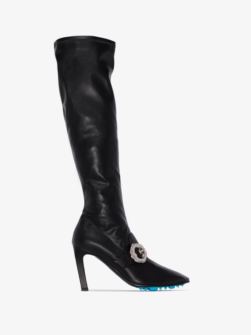 Black 100 Buckle Knee-high Leather Boots