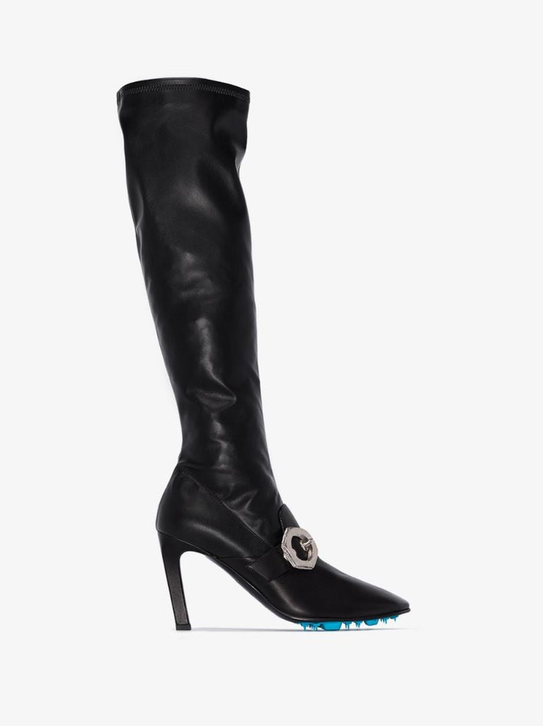 Black 100 Buckle Knee-high Leather Boots