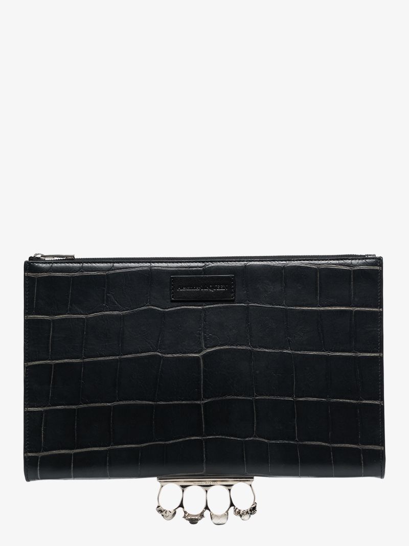 Black Four Ring Mock Croc Leather Pouch Bag