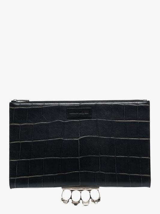 Black Four Ring Mock Croc Leather Pouch Bag