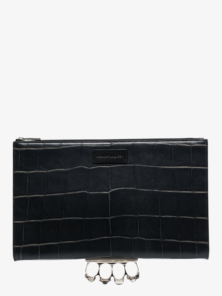 Black Four Ring Mock Croc Leather Pouch Bag