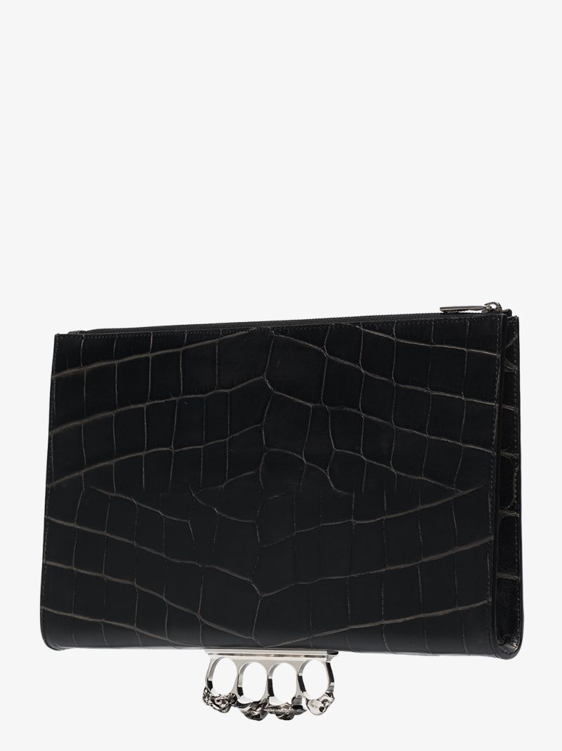 Black Four Ring Mock Croc Leather Pouch Bag