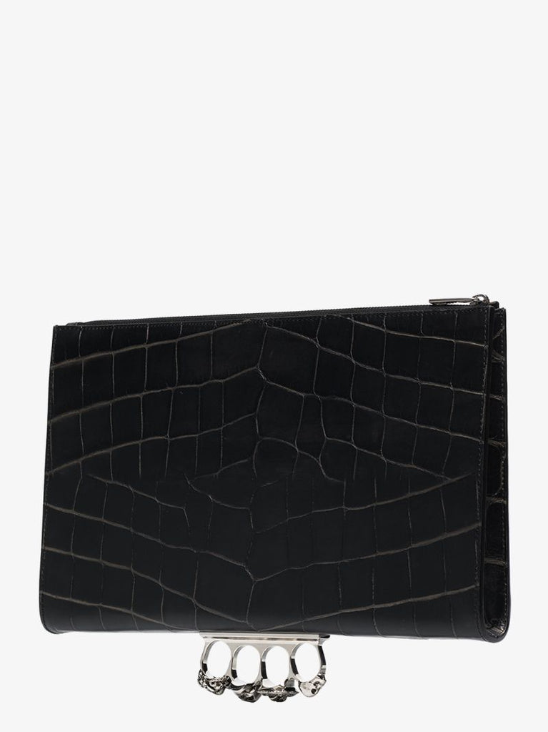 Black Four Ring Mock Croc Leather Pouch Bag