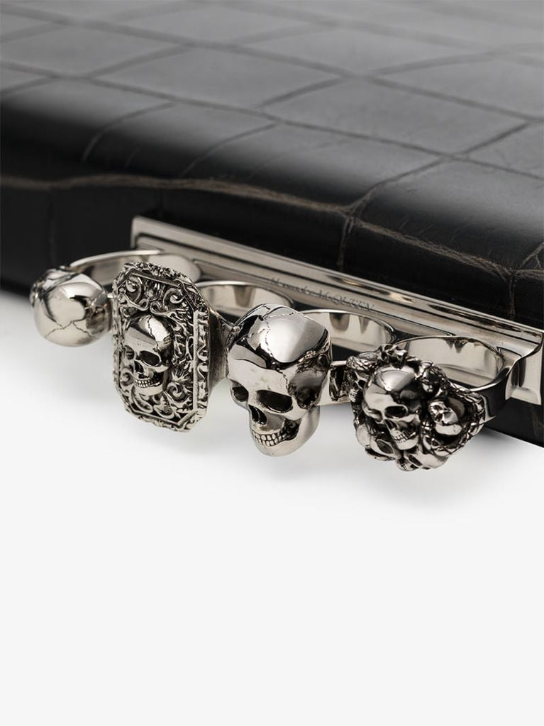 Black Four Ring Mock Croc Leather Pouch Bag