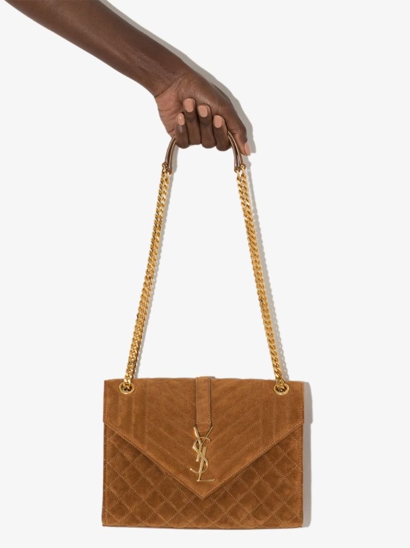 Brown Envelope Quilted Suede Shoulder Bag