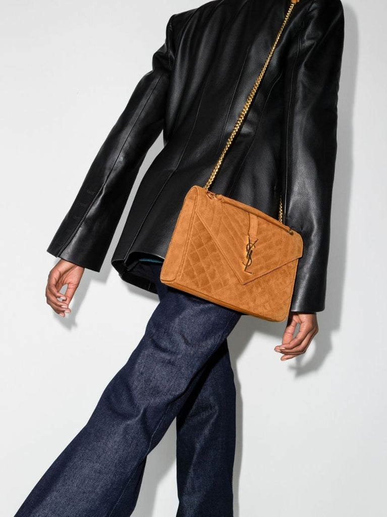 Brown Envelope Quilted Suede Shoulder Bag