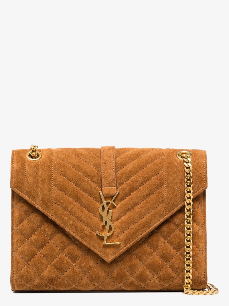 Brown Envelope Quilted Suede Shoulder Bag
