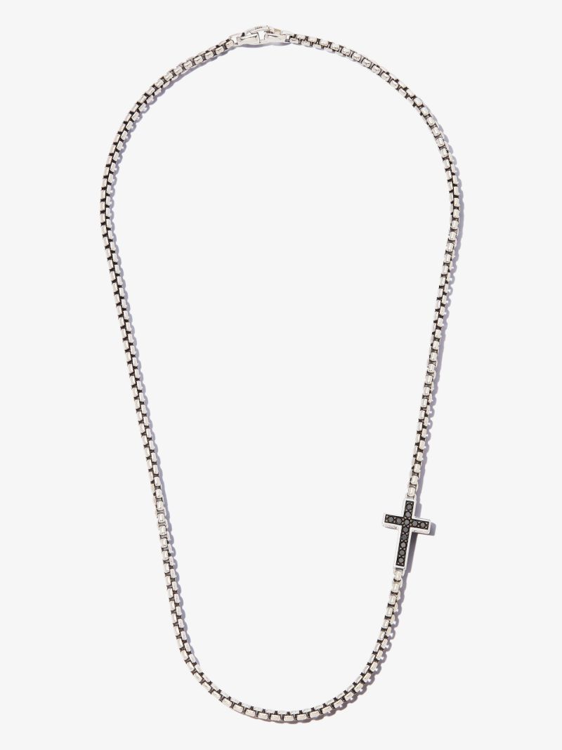 Sterling Silver Cross Large Box Chain Diamond Necklace