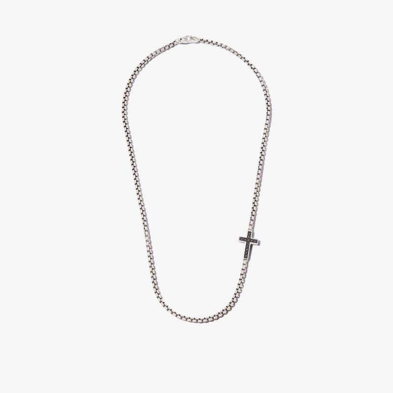 Sterling Silver Cross Large Box Chain Diamond Necklace
