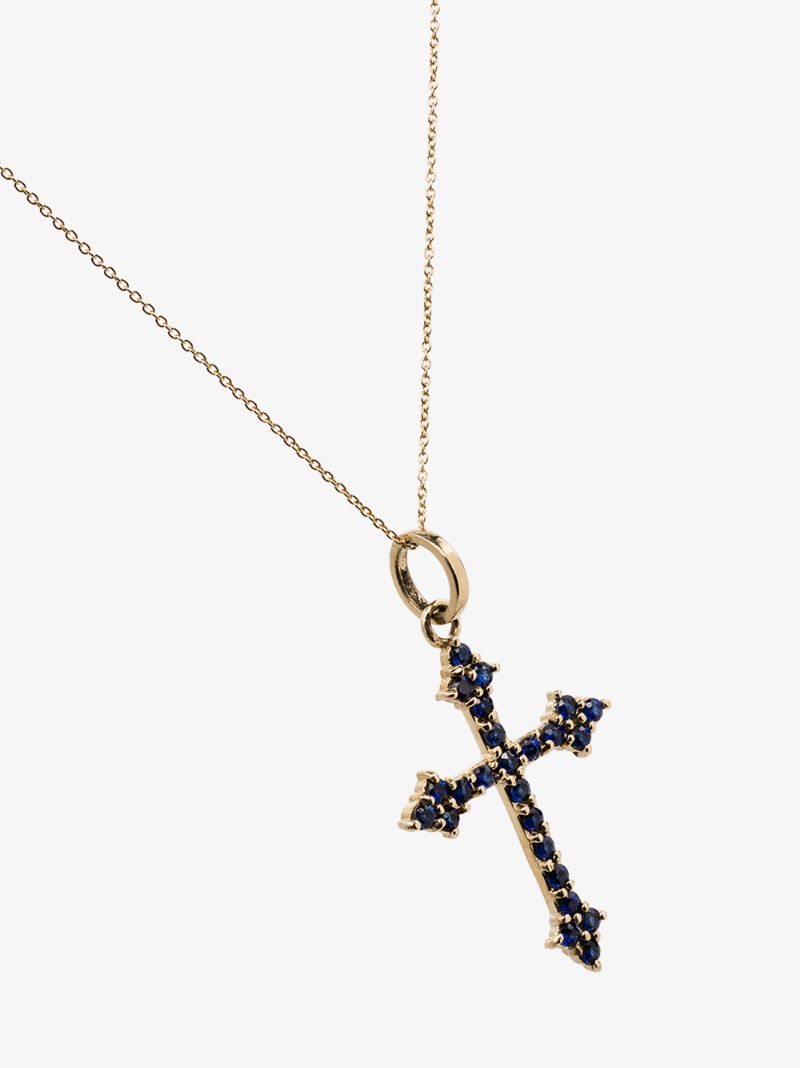 14k Yellow Gold Gothic Cross Sapphire Necklace