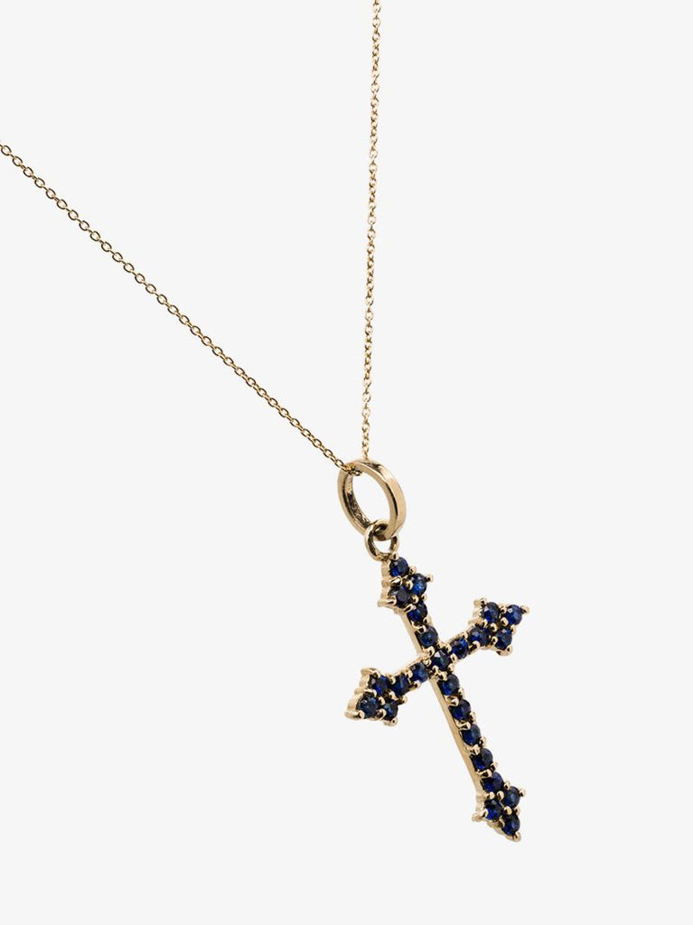 14k Yellow Gold Gothic Cross Sapphire Necklace